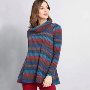 Modcloth Small Sweater Cowl‎ Neck Striped A Line Cut Multicolor Neutrals Womens